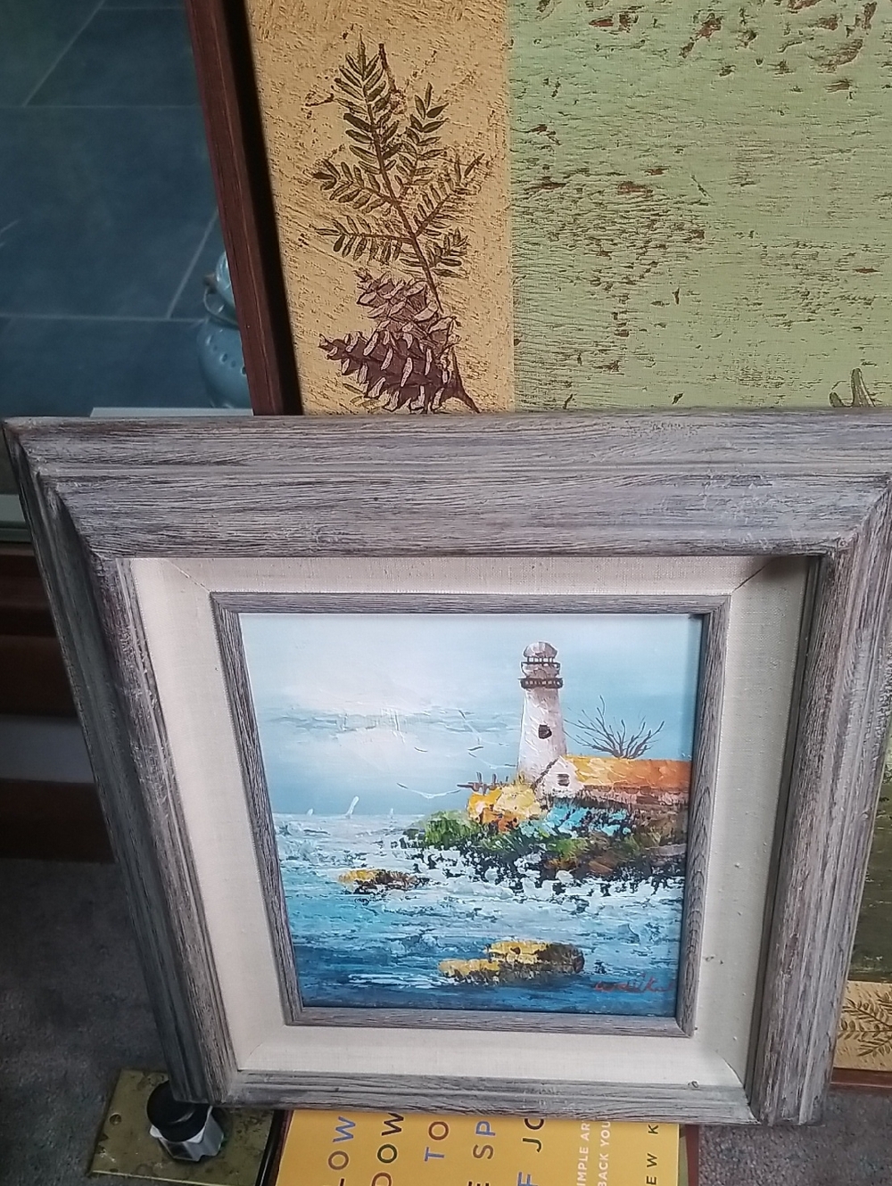 Seaside Lighthouse Framed Wall Art in Blue and White